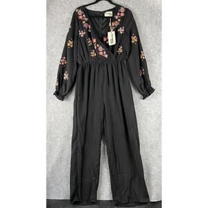 Savanna Jane Embroidered Jumpsuit Womens Medium Black Floral Wide Leg Boho NEW